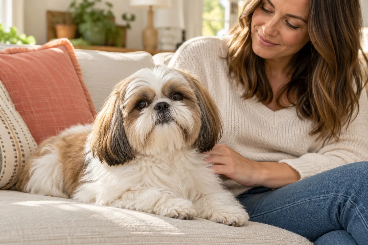 Owner sitting beside a long-haired small dog on a sofa